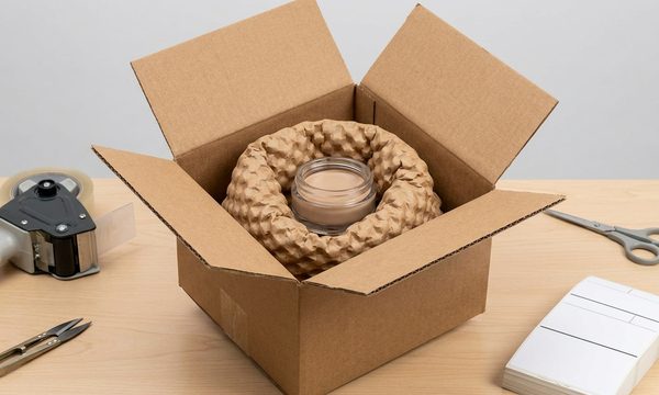 Cosmetics jar protected in PaperEZ Bubble paper in a shipping carton