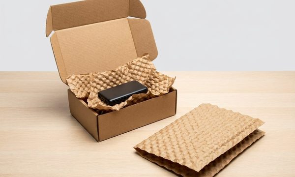 Small electronic device packed in PaperEZ Bubble paper in a carton