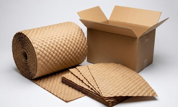 PaperEZ Bubble material as a roll and cut sheets next to a shipping carton