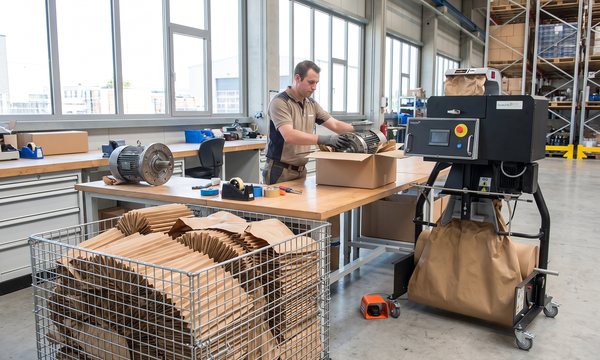Packer cushioning an electric motor with ProPad paper pads at the packing station, the ProPad system beside it