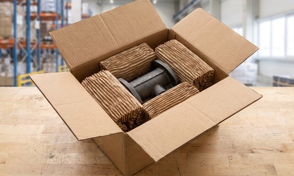Machine part in a shipping carton, blocked and braced all round with ProPad paper pads