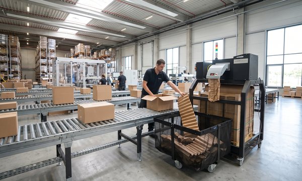 ProPad Horizontal on a conveyor line in a fulfilment centre, packer taking paper pads from the collection bin