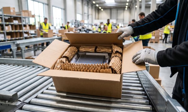 Shipping carton on the conveyor, product cushioned with ProPad paper pads